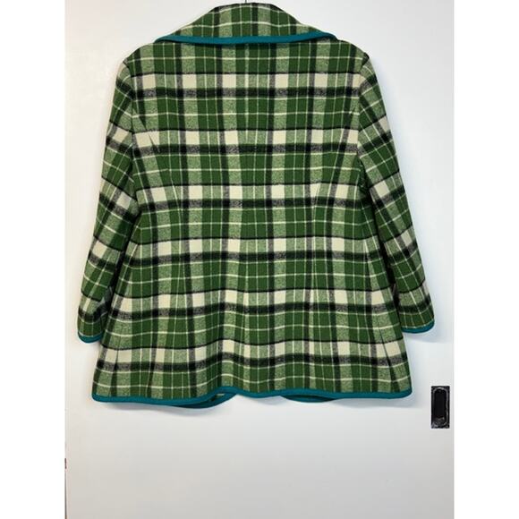 Anthropologie Tabitha Plaid Peacoat 3/4 Sleeve Womens M Green Cream Blue Piping - Picture 4 of 8